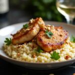 Rezeptidee Wein zum Essen Perfekt gebratene Hähnchenbrust auf cremigem Bärlauch-Risotto mit gerösteten Haselnüssen