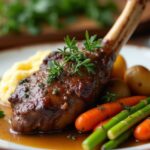 Rezeptidee Wein zum Essen Geschmorte Lammkeule mit Zitronen-Thymian-Sauce & Frühlingsgemüse – ein zartes, aromatisches Schmorgericht