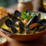 Rezeptidee Wein zum Essen Miesmuscheln in Safran-Weißweinsauce mit geröstetem Baguette – Perfektes Wein-Pairing