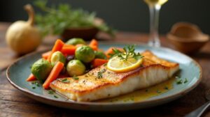 Rezeptidee Wein zum Essen Gebratener Skrei mit Zitronenbutter & Wintergemüse – Perfektes Wein-Pairing