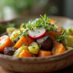 Rezeptidee Wein zum Essen Vegane Frühlingsbowl mit geröstetem Wurzelgemüse & Radieschen-Vinaigrette – gesundes, farbenfrohes Frühlingsgericht