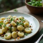 Rezeptidee Wein zum Essen Hausgemachte Bärlauch-Gnocchi mit Pecorino, serviert mit einem Glas Riesling Kabinett von der Mosel