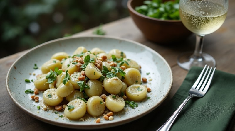 Rezeptidee Wein zum Essen Hausgemachte Bärlauch-Gnocchi mit Pecorino, serviert mit einem Glas Riesling Kabinett von der Mosel