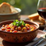 Rezeptidee Wein zum Essen Chilenischer Bohnen-Eintopf mit Chorizo, serviert mit frischem Brot und einem Glas Carménère