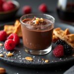 Rezeptidee Wein zum Essen Dunkle Schokoladenmousse mit Meersalz, serviert in einem Glas mit einer Prise Meersalz und einem Glas Portwein