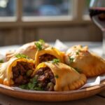 Rezeptidee Wein zum Essen Goldbraune Empanadas mit würziger Rindfleischfüllung & Oliven, serviert mit Chimichurri und einem Glas Carménère