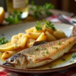 Rezeptidee Wein zum Essen Forelle Müllerin mit Zitronenbutter & Petersilienkartoffeln, serviert mit einem Glas Grüner Veltliner