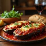 Rezeptidee Wein zum Essen Gebackene Auberginen mit Tomatenragout & Manchego, serviert mit einem Glas Carménère