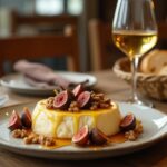 Rezeptidee Wein zum Essen Gebackener Camembert mit Feigen & Walnüssen, serviert mit einem Glas Chenin Blanc