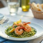 Rezeptidee Wein zum Essen Garnelen auf Zucchini-Spaghetti mit Zitronenöl – frisches Frühlingsgericht