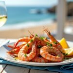Rezeptidee Wein zum Essen Gegrillte Garnelen mit Zitronen-Knoblauch-Marinade, serviert mit einem Glas Verdejo