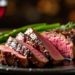 Rezeptidee Wein zum Essen Gegrilltes Ribeye-Steak mit grünem Spargel und Balsamico-Reduktion, serviert mit einem Glas Cabernet Sauvignon