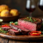 Rezeptidee Wein zum Essen Gegrilltes Ribeye-Steak mit Chimichurri und gerösteten Paprika, serviert mit einem Glas Carménère