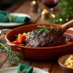 Rezeptidee Wein zum Essen Geschmorte Lammkeule mit Rosmarin und dunkler Rotweinsauce und einem Glas Carménère