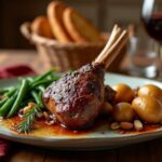 Rezeptidee Wein zum Essen Geschmorte Lammkeule mit jungen Kartoffeln, frischen Kräutern und dunkler Rotweinsauce, serviert auf einem rustikalen Holzteller mit einem Glas Syrah im Hintergrund.