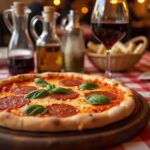 Rezeptidee Wein zum Essen talienische Pizza mit Fenchel-Salami & Pecorino, serviert mit einem Glas Primitivo