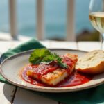 Rezeptidee Wein zum Essen Bacalao a la Vizcaína – Kabeljau in Tomaten-Paprika-Sauce, serviert mit einem Glas Verdejo