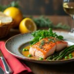 Rezeptidee Wein zum Essen Lachsfilet mit Weißwein-Sauce und Frühlingsgemüse, serviert mit einem Glas Chardonnay aus Stellenbosch