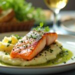 Rezeptidee Wein zum Essen Lachsfilet mit Frühlingskräuter-Sauce & Kartoffelstampf, serviert mit einem Glas Chardonnay