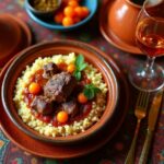 Rezeptidee Wein zum Essen Orientalisches Lammragout mit Aprikosen, serviert mit Couscous und einem Glas Orange Wine
