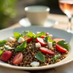 Rezeptidee Wein zum Essen Frühlingshafter Linsensalat mit Erdbeeren, Minze und Feta, serviert mit Roséwein