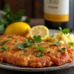 Rezeptidee Wein zum Essen Knuspriges Wiener Schnitzel mit Kartoffelsalat und einem Glas Grüner Veltliner