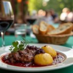 Rezeptidee Wein zum Essen Wildragout mit Preiselbeeren & Kartoffelknödeln, serviert mit einem Glas Blaufränkisch