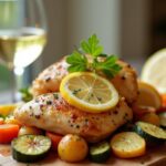 Rezeptidee Wein zum Essen Zitronenhähnchen mit geröstetem Gemüse und Glas Weißwein auf Holzbrett