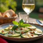 Rezeptidee Wein zum Essen Zucchini-Carpaccio mit Parmesan & Mandeln, serviert mit einem Glas Pinot Grigio