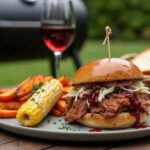 Rezeptidee Wein zum Essen Pulled Pork Burger mit Coleslaw und BBQ-Sauce, serviert mit Primitivo und Grillbeilagen auf Holztisch