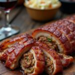 Rezeptidee Wein zum Essen Bacon Explosion aufgeschnitten mit BBQ-Glasur und Glas Zinfandel beim BBQ im Garten
