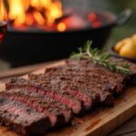 Rezeptidee Wein zum Essen Gegrilltes Flank Steak mit Coffee-Rub, serviert mit Syrah und Gemüse auf Holztisch bei Sonnenuntergang