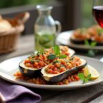 Rezeptidee Wein zum Essen Gebackene Auberginen, Couscous, mediterran, veganes Rezept mit einem Glas Dolcetto