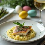 Rezeptidee Wein zum Essen Gebratener Zander mit Bärlauchkruste & Zitronenrisotto und einem Glas Weißwein