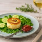 Rezeptidee Wein zum Essen Gebratener Ziegenkäse mit Rhabarber-Chutney & Frühlingssalat – perfekt kombiniert mit Roussanne aus dem Rhône-Tal