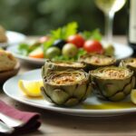 Rezeptidee Wein zum Essen Mediterrane Artischocken mit Kräuterfüllung und ein Glas Weißwein