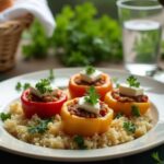 Rezeptidee Wein zum Essen Gefüllte Paprika mit Couscous und ein Glas Rotwein