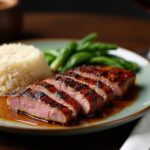 Rezeptidee Wein zum Essen Gegrillte Entenbrust mit Honig-Chili-Glasur, serviert mit Jasminreis und Pinot Noir