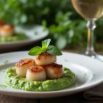 Rezeptidee Wein zum Essen Gegrillte Jakobsmuscheln auf Erbsen-Minz-Püree mit Weinempfehlung Grillo
