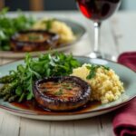 Rezeptidee Wein zum Essen Gegrillte Portobello-Pilze mit Balsamico-Reduktion und Barbera im Glas, angerichtet auf Teller mit Kräutern