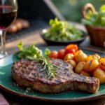 Rezeptidee Wein zum Essen Gegrilltes Rinderhüftsteak mit Kräuter-Knoblauch-Kruste, serviert mit Syrah und Beilagen bei BBQ