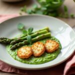 Rezeptidee Wein zum Essen Grüner Spargel mit Erbsen-Minz-Crème und Halloumi, serviert mit Verdejo aus Spanien