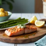 Rezeptidee Wein zum Essen Gegrilltes Lachsfilet mit Zitronen-Dill-Butter auf Zedernholzbrett, serviert mit Chardonnay und Gemüse