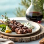 Rezeptidee Wein zum Essen Gegrillte Lammspieße mit Joghurt-Dip und ein Glas Agiorgitiko