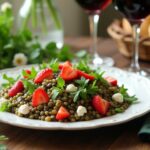 Rezeptidee Wein zum Essen Frühlingshafter Linsensalat mit Erdbeeren und Ziegenkäse auf Teller mit Glas Vernatsch