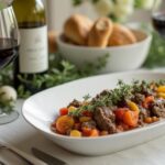 Rezeptidee Wein zum Essen Osterlammragout mit Frühlingsgemüse und Thymian und einem Glas Rotwein