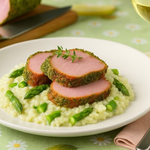 Rezeptidee Wein zum Essen Osterschinken im Kräutermantel mit Spargelrisotto und ein Glas Weißwein