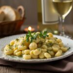 Rezeptidee Wein zum Essen Palmkätzchen Gnocchi mit Morchelsauce mit einem Glas Weißburgunder aus Südtirol