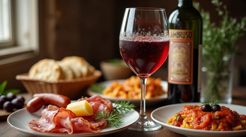 Kategoriebild Rebsorte Lambrusco Lambrusco im Glas mit Speisenbegleitung wie Parmaschinken, Salsiccia & Lasagne
