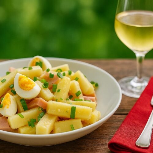 Rezeptidee Wein zu Essen Spargelsalat mit Ei, Welschriesling, Frühlingsrezept